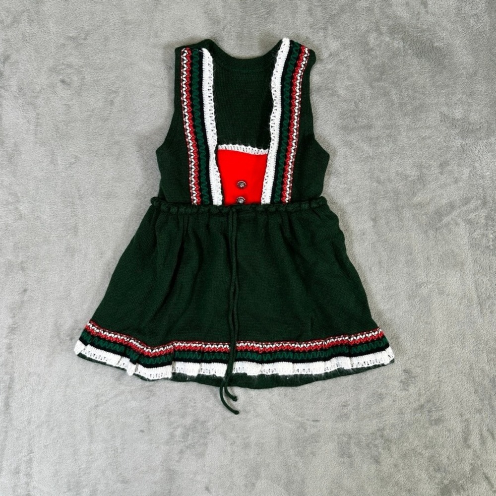 Vintage Bayer Dralon Green Knit Dirndl Dress Bavarian Style Embroidered Trim
